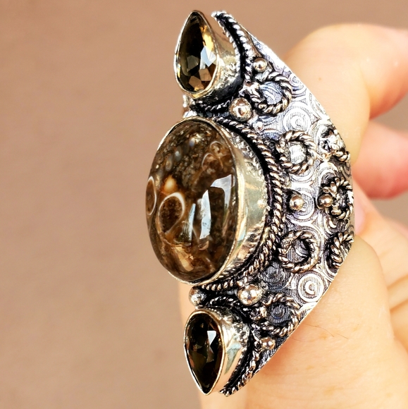 New Turtella Agate Fossil and Smoky Quartz 925 Silver Statement Ring. - Picture 2 of 16